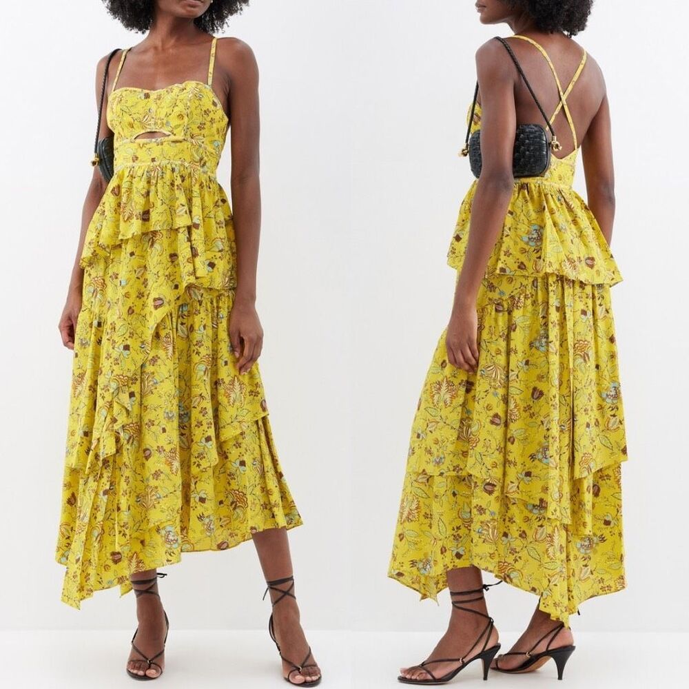 Ulla Johnson‎ Dress Silk Floral Josanna Yellow Cut Out Midi Gown Size 6